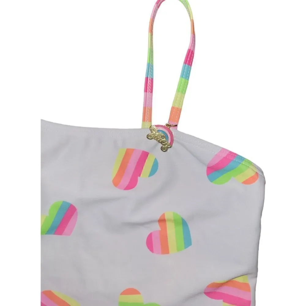 NWOT Juicy Couture Kids Girls One Piece Swimsuit Rainbow Hearts Size 14